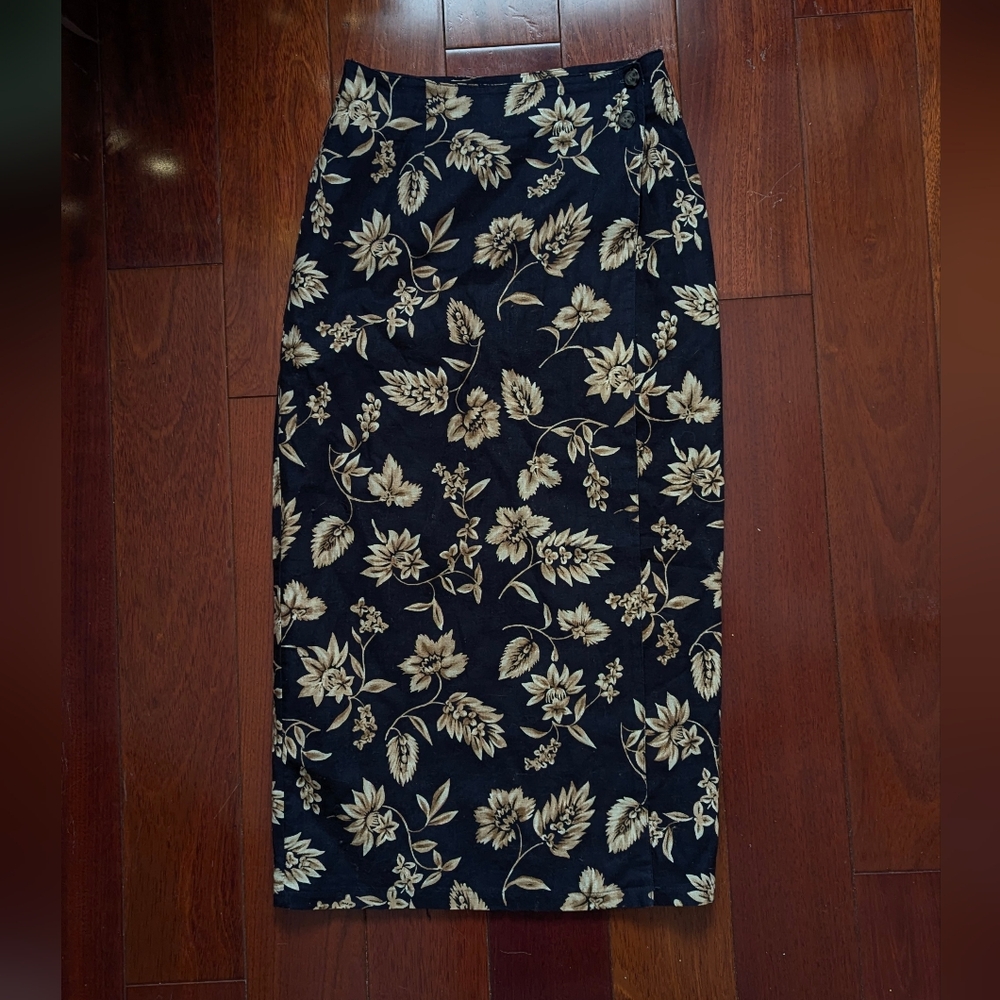 Y2K Linen Blend Black Floral Wrap Skirt